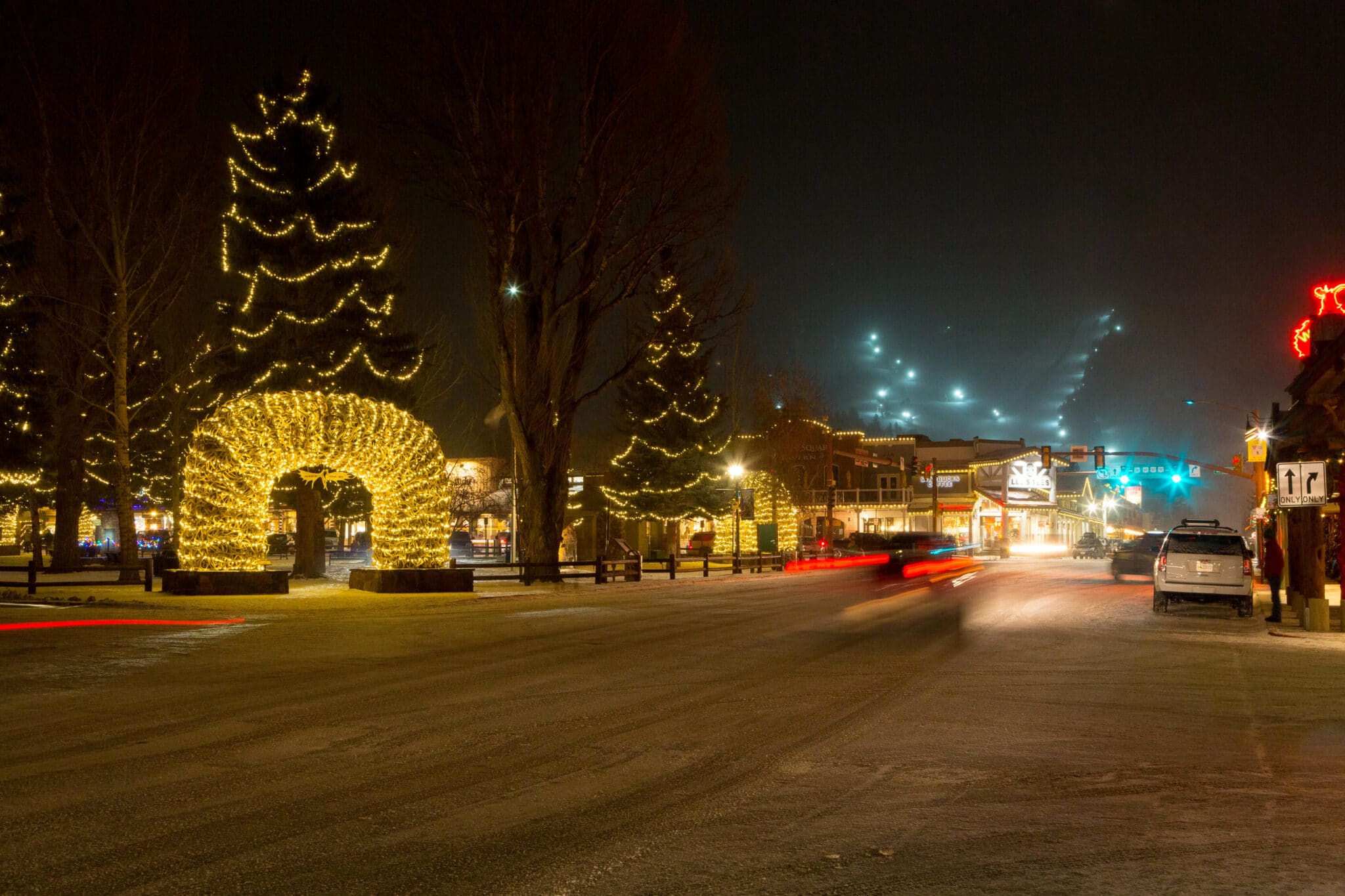 Jackson WY town square at Christmas