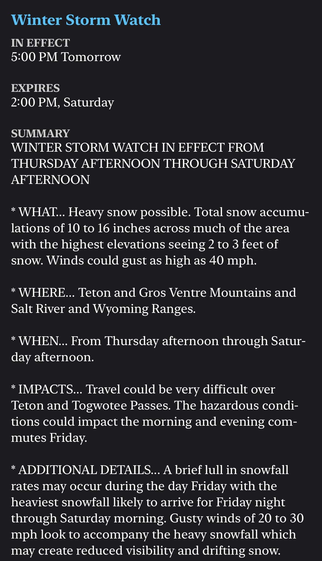 Jackson, WY Winter Storm Watch 12/4/25
