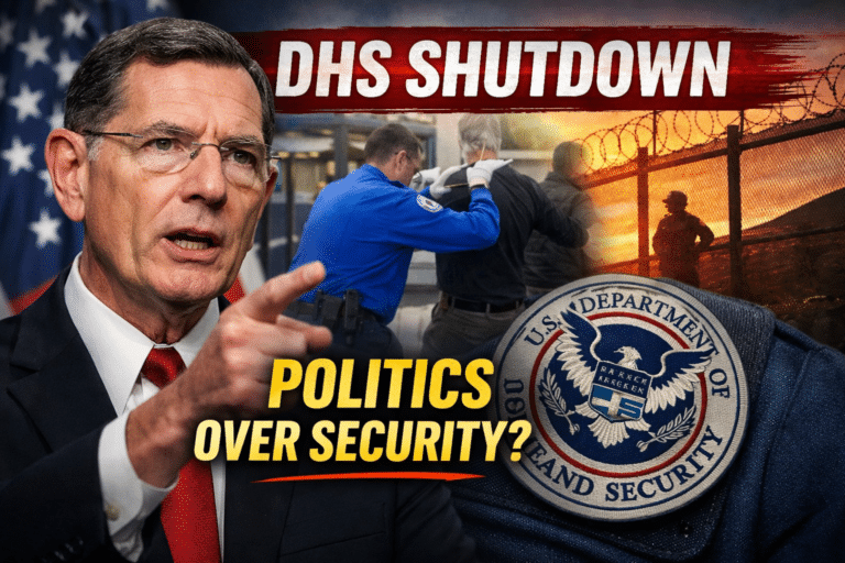 Wyoming Senator John Barrasso speaks about the Department of Homeland Security shutdown as TSA screening and border security imagery appear in the background.