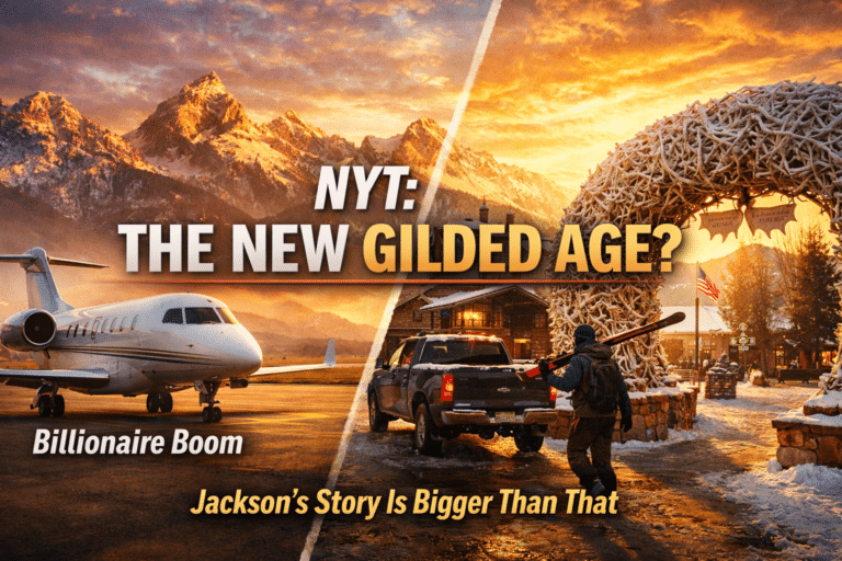 Private jet and Jackson Hole Town Square with Tetons illustrating debate over billionaire wealth and inequality in Teton County Wyoming.
