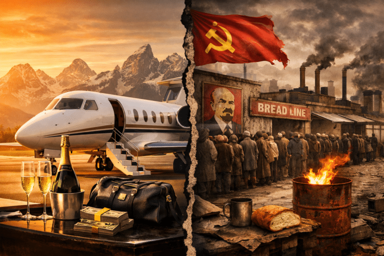 Private jet vs bread line illustration symbolizing capitalism versus socialism
